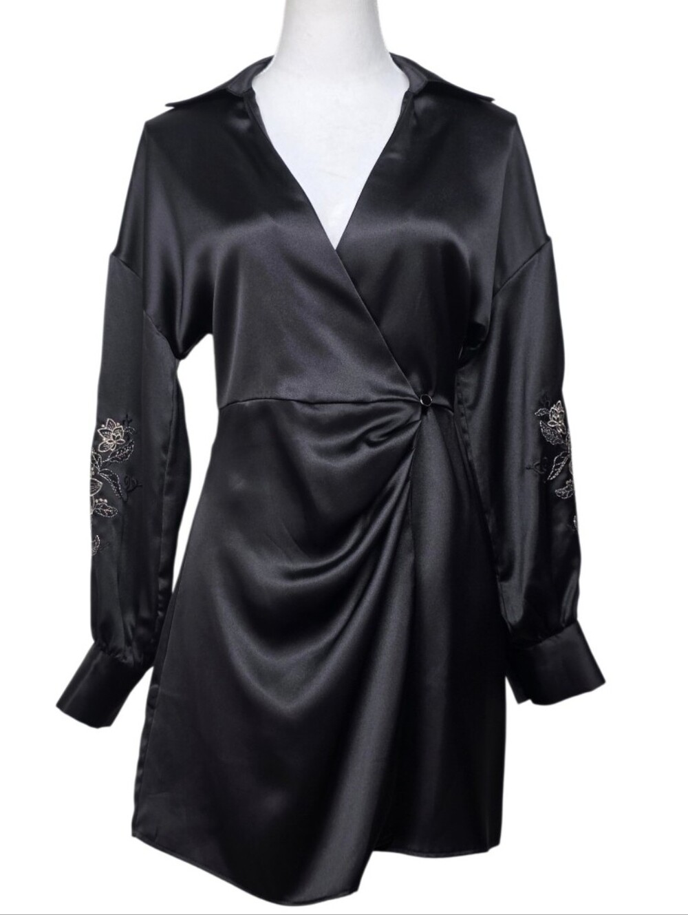 Zara Black Satin Wrap Mini Dress with Embroidered Sleeves Size Small